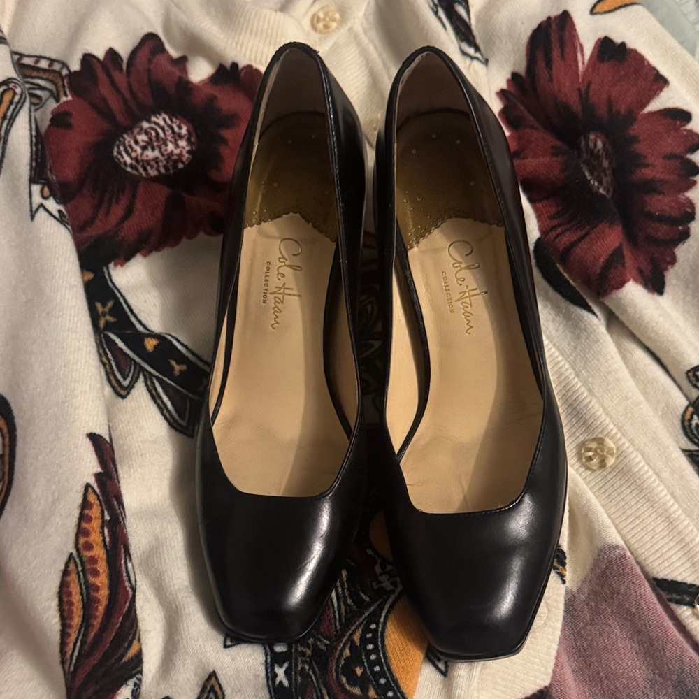 Cole Haan Black Leather Square-Toe Pumps